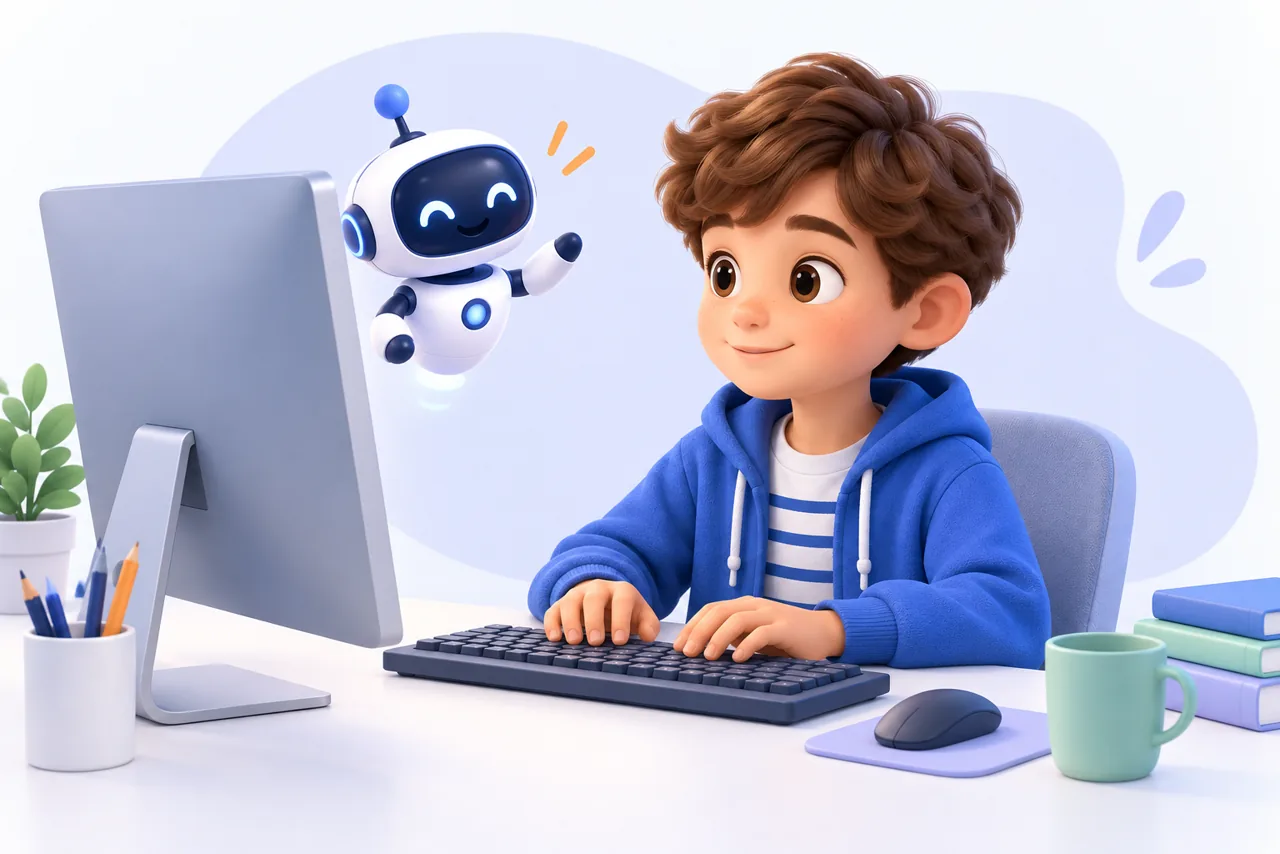 Ребёнок учится печатать вслепую с виртуальным помощником SkillTap